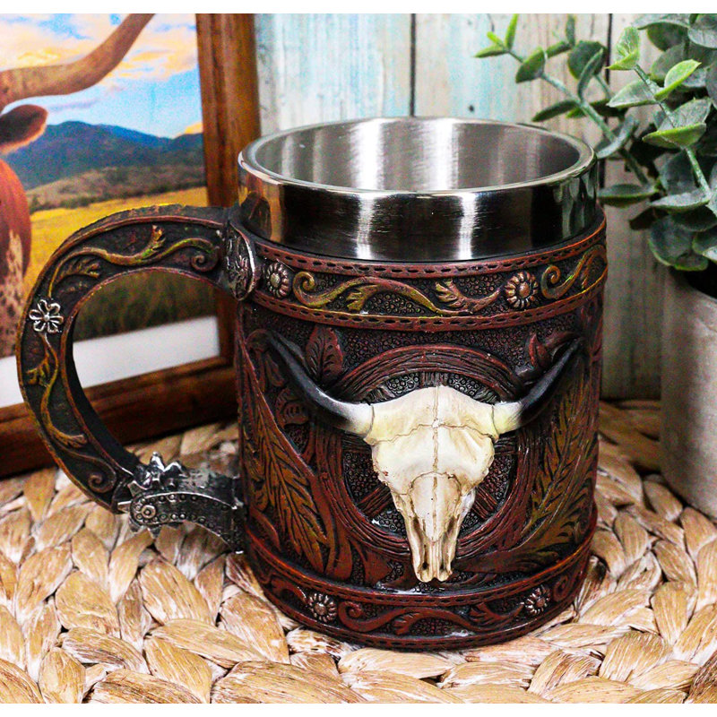 Crâne de vache Ebros Western Bull rustique avec plumes Dreamcatcher et tasse à café en dentelle à volutes en similicuir à finition Wild West