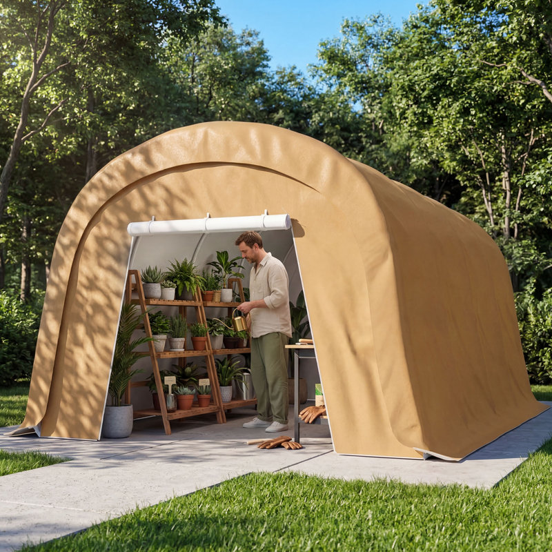 Abri de rangement de garage portatif en acier galvanisé Carport, H 9 pi x l 10 pi x P 20 pi, Beige