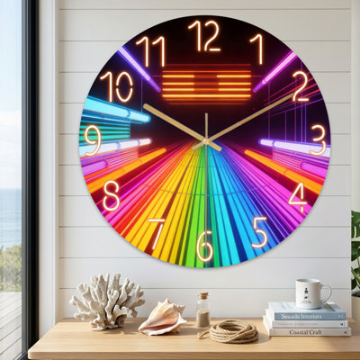 Abstract Neon Rainbow Tunnel Clock Face Design Ultra Clear Glass Wall Clock