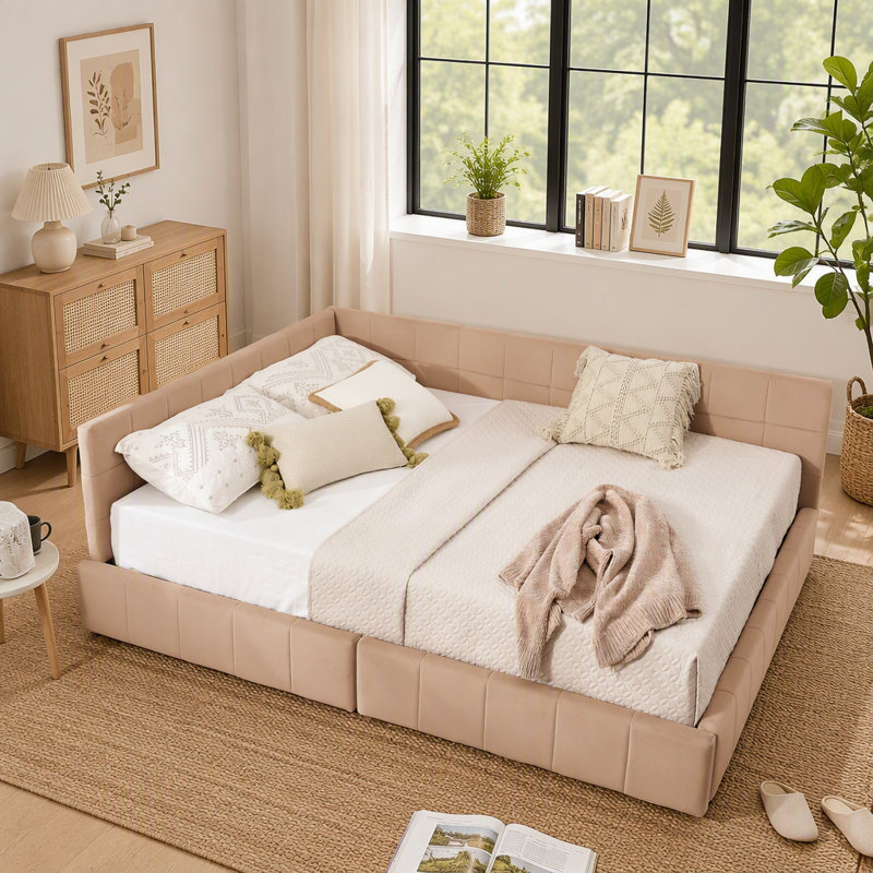 Cadre de lit capitonné Queen Size avec rangement, dossier et accoudoirs confortables, idéal pour la chambre et le salon.