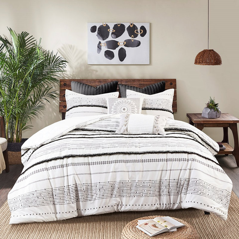 Édredon très grand noir et blanc - coton, avec rayures imprimées cachées, 2 taies décoratives très grand / coton noir / blanc, finitions