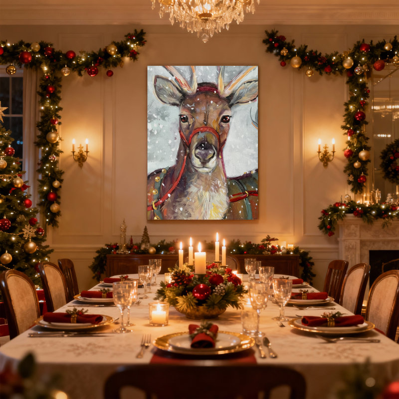 Renne de Noël avec harnais rouge dans une scène enneigée, ensemble de 3 impressions sur toile, H 24 po x l 16 po