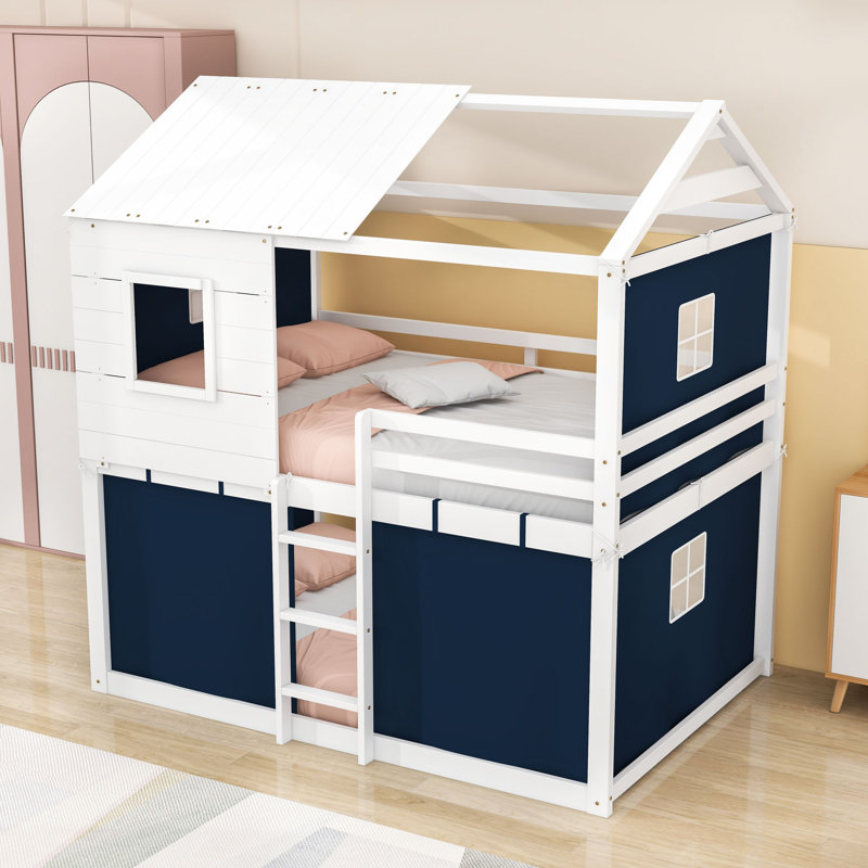 Wood Playhouse Tent Bed Frame With Roof, Double sur double, Bleu / blanc