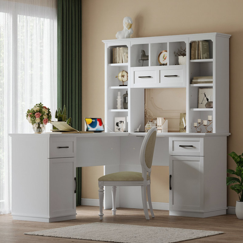 Bureau L 65 po bleu antique - 11 tablettes ouvertes, 2 tiroirs + 2 armoires, prise de courant encastrée, 66 po de hauteur, bureau de travail / bureau / centre de beauté