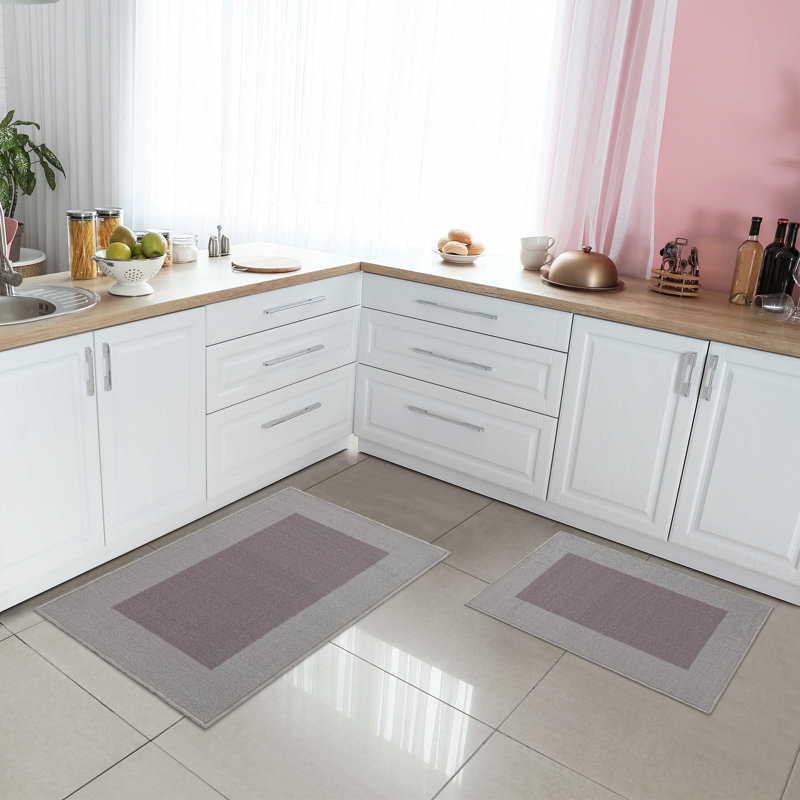 Kaydn Modern Washable Non-Slip Latex Backing 2 Piece Kitchen Rug Set, Gray/Light Purple