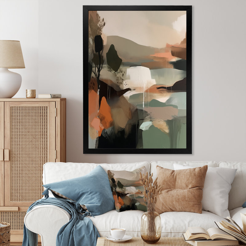 «Green and Beige Transcendant Reality I», peinture abstraite encadrée sur toile, Cadre photo noir