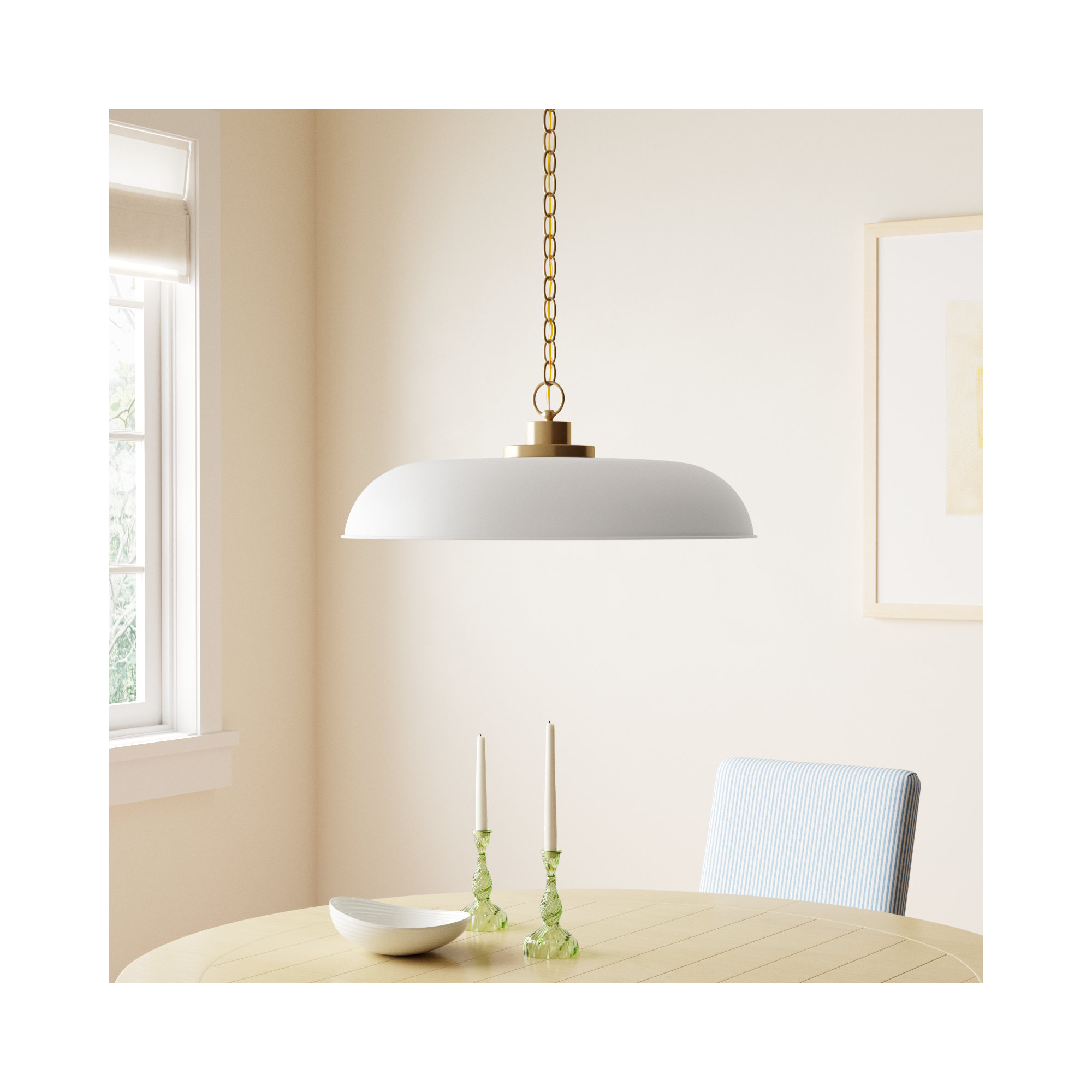 Eddy Single Light Metal Dimmable Pendant, Matte White/Burnished Brass, 8" H x 24" W x 24" D