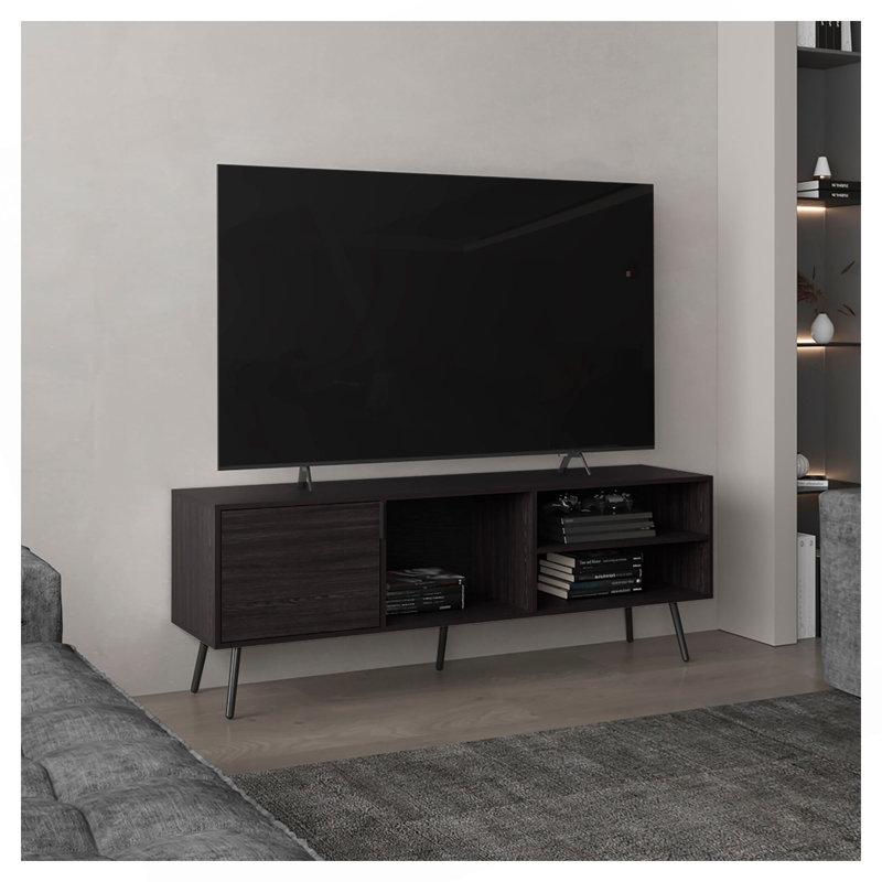 Meuble télé, 1 porte, 3 tablettes, Noir
