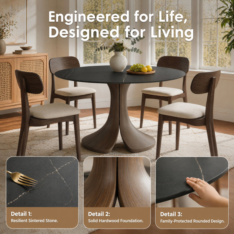 Aurora 39"/43" Modern Round Dining Table With Hand-Crafted Solid Wood Pedestal Base -  Circular Kitchen Table For Small Spaces & Breakfast Nooks