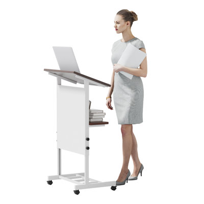 Portable Iron & Wood Podium with Adjustable Height, Slanted Top, Stopper, Storage Shelf & Locking Casters for Classroom, Church, Conference & Presentation Use, White