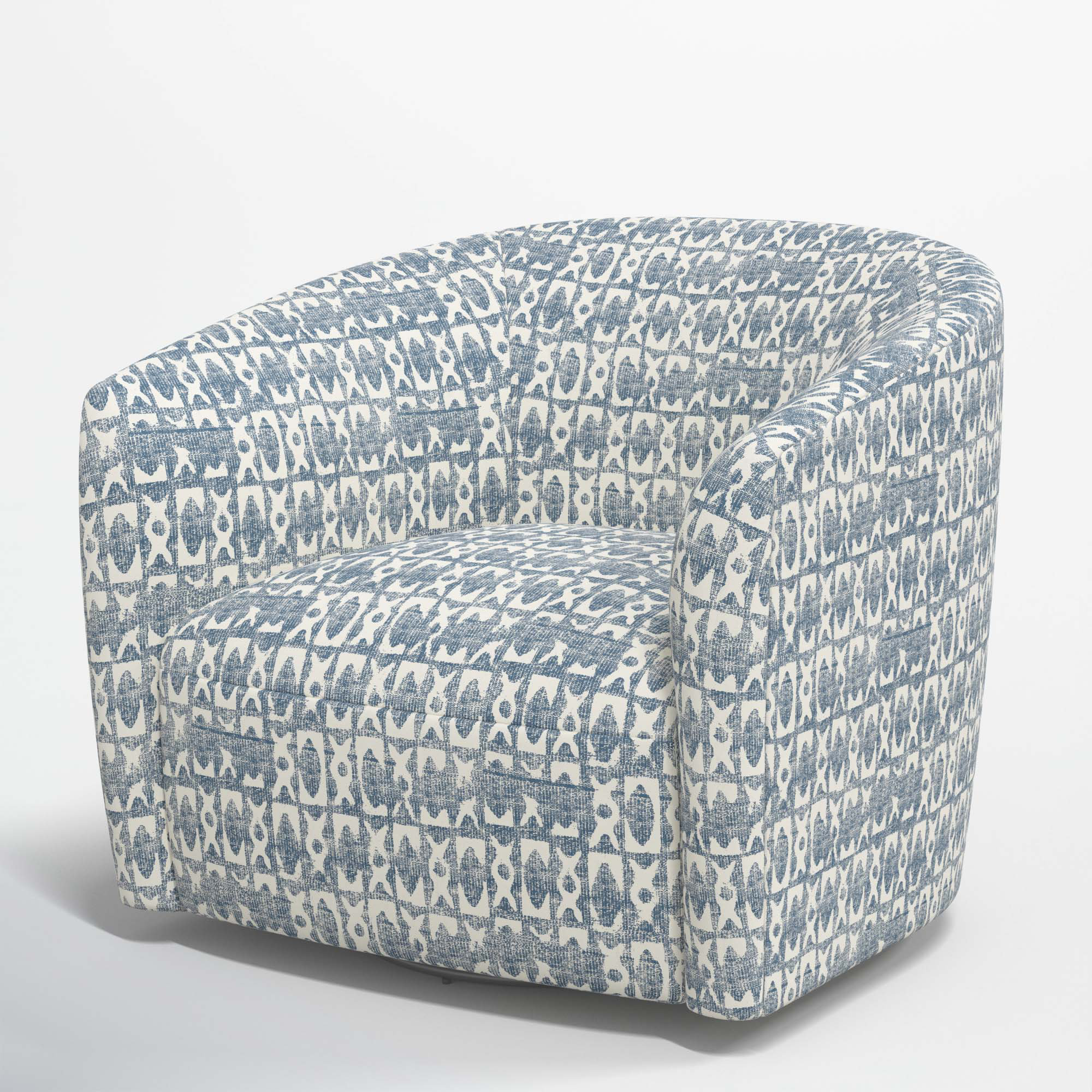 Marita Upholstered Swivel Barrel Chair, Texture Block Blue