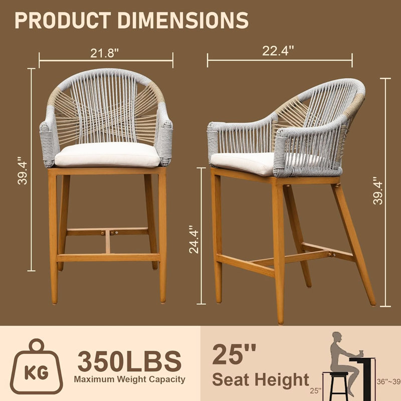Deux tabourets de bar avec accoudoirs et chaises à hauteur de comptoir rembourrées pour l'extérieur, projecteur de corde en aluminium pour le jardin, la piscine, le patio, la cuisine - coussin kaki inclus, cadre de charme de patio