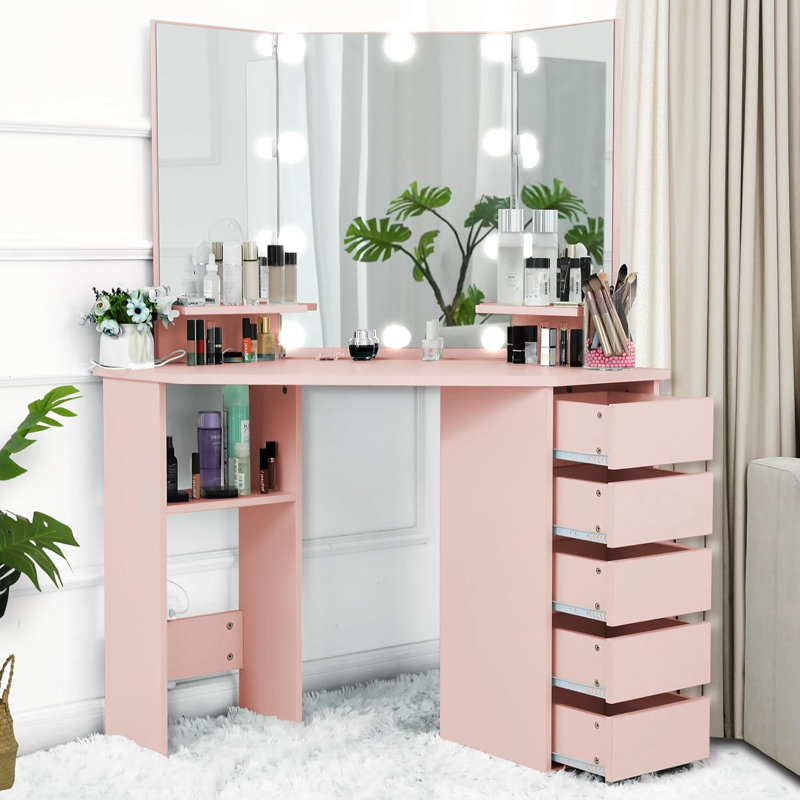 Oryon 56"x44" Corner Makeup Vanity with Lights, Vanity Desk with Mirror,10 LED Lights,5 Drawers, Pink