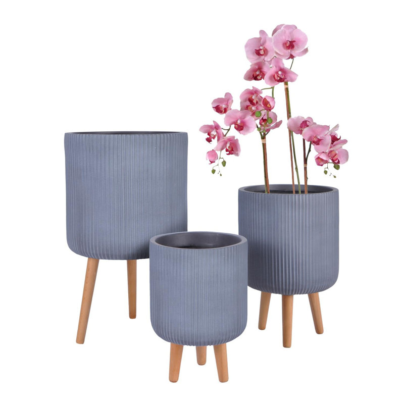 Concrete Effect Cylinder Round Planter on Hardwood Legs, Round Indoor Plant Pot Stand for Indoor Plants, Indoor Flower Pot with Ribbed Pattern