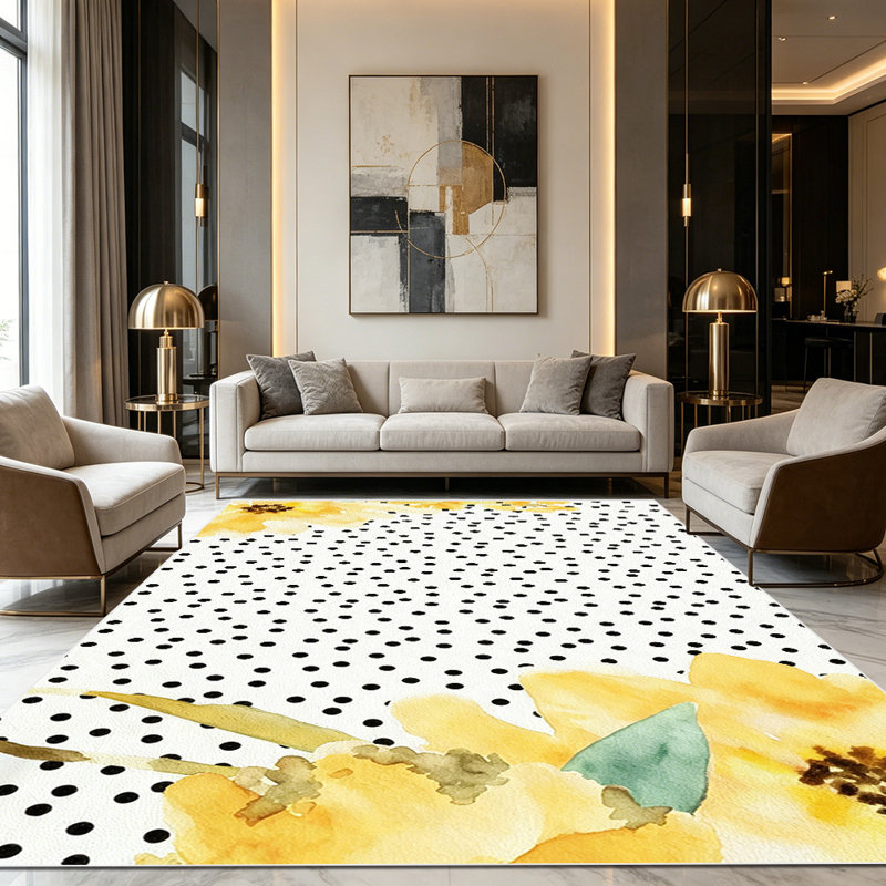 1PC Black Polka Dot Watercolor Yellow Sunflower area rugs for Living Room, Soft, All seasons, Easy-maintain, Washable Indoor mat, Farmhouse suitable for Dining Room, Bedroom, Kitchen, Entryway, Home Office, Patio, Porch, Home Decor, Outdoor Decor.