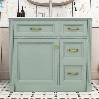 Meuble-lavabo 4 tiroirs avec lavabo en céramique, tablette réglable et armoire de rangement