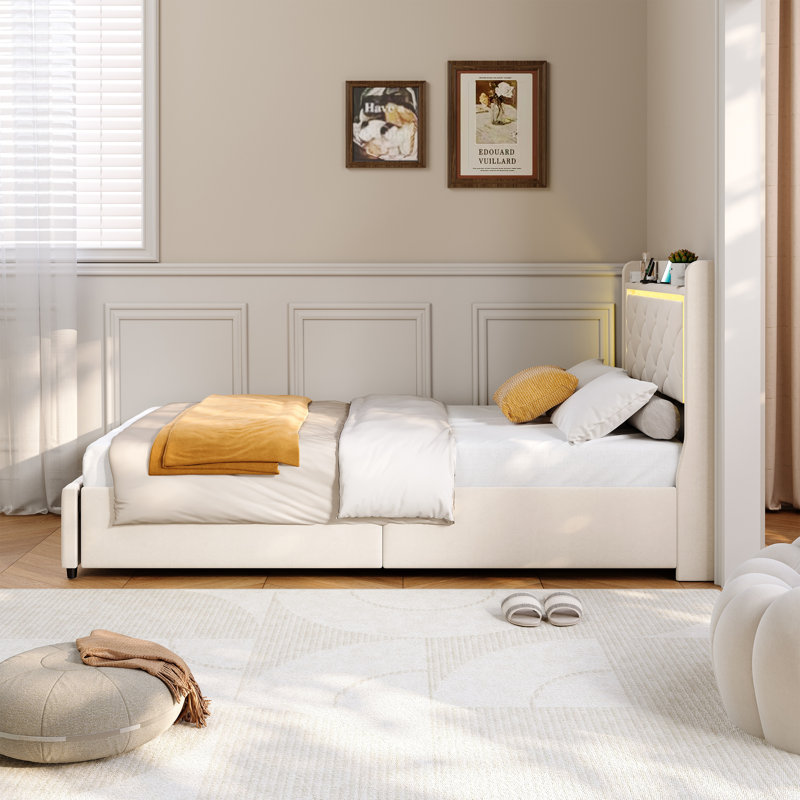 Beige Velvet Upholstered Single Bed Frame with LED Headboard, USB Charging Ports & Storage Drawers
