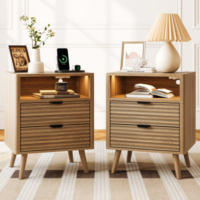 19.7" Nightstand With 2 Drawers & Open Shelf, Bedside Table With LED Lights & Outlets, End Table For Bedroom Or Living Room