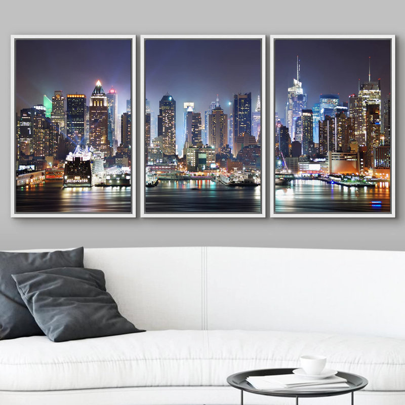 «Architecture Building New York City Skyline Night», reproduction d'art moderne sur toile, 3 pièces, H 24 po x l 48 po, Blanc