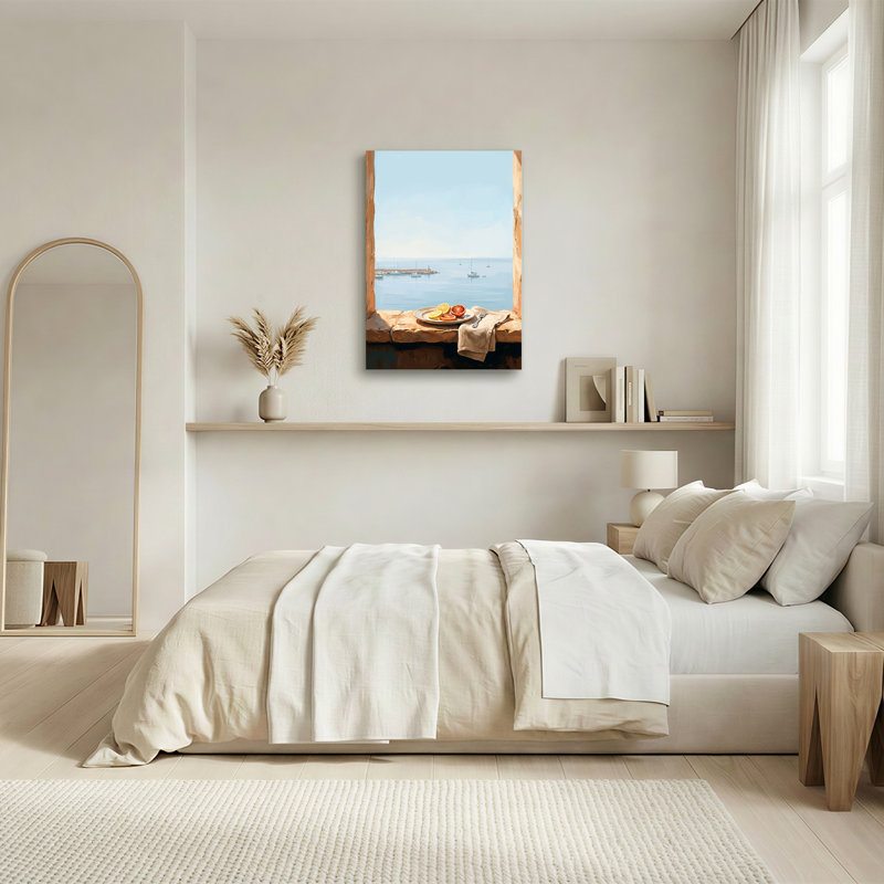Art mural sur toile, tranche d'agrumes sur rebord de pierre surplombant le port, 18"H x 12"W