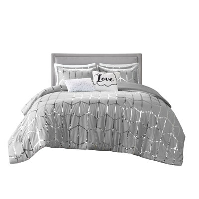 Twin/Twin Xl Comforter With Grey And Metallic Printed Attractive Square Pillow Cover Linens