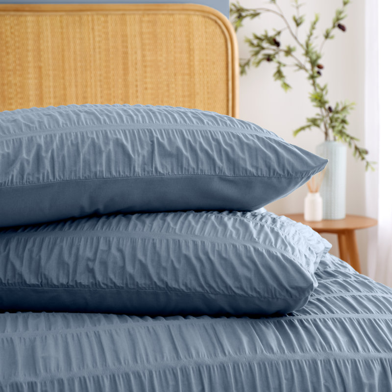 Seersucker Duvet Cover Set with Pillowcases, Blue, Double Duvet Cover + 2 Standard Pillowcases