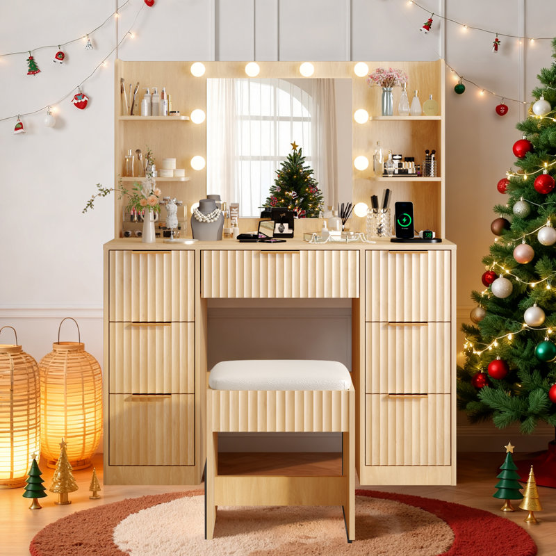 Lighted Vanity Set - 10pcs 3-Color Dimmable Bulbs, 7 Drawers, Beige