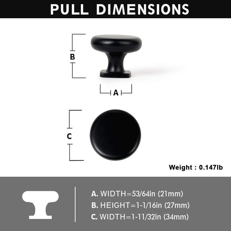 Poignée champignon de 53/64 po de diamètre, Noir, noir, noir, noir