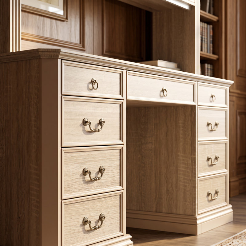 Bureau double caisson en chêne clair 59 po avec huche et 9 tiroirs