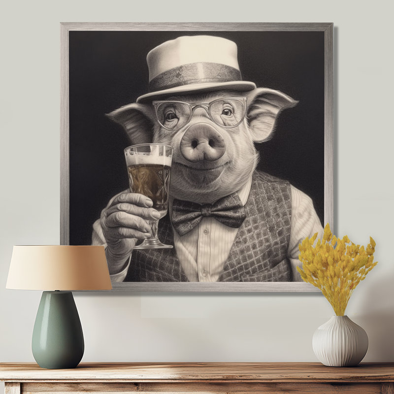 Cochon ayant un verre - Art mural, Cadre simple argenté, H 24 po x l 24 po x P 1 po