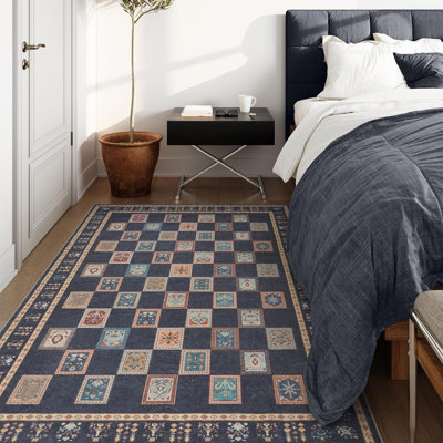 Tapis lavable rétro à carreaux - Tapis antidérapant à motif rétro pour le salon, la chambre à coucher ou le vestibule