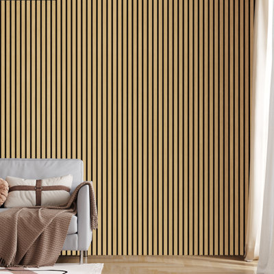 Ensemble de 2 panneaux muraux à lattes 3D pour mur intérieur en chêne américain (paquet de 2 / 18,55 pieds carrés)