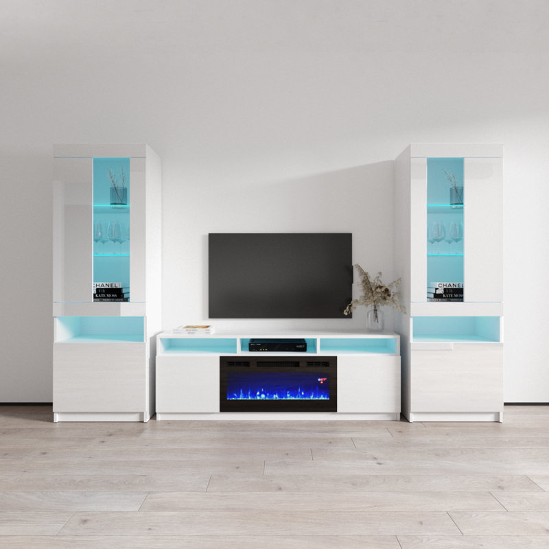 Azniv 110.2" Modern Entertainment Center with Electric Fireplace, High Gloss Finish, Media Storage, White