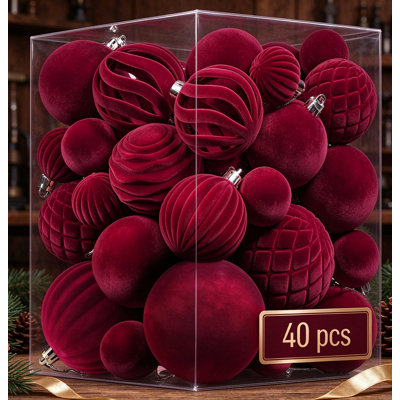 Burgundy Velvet Christmas Baubles 40‑Pack, 3‑Size Shatterproof Vintage Hanging Tree Ornaments