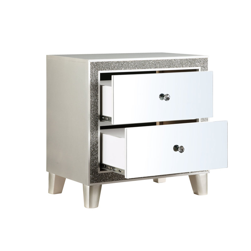 Table de chevet contemporaine à miroir avec finition champagne élégante et tiroirs fonctionnels colorés avec rangement