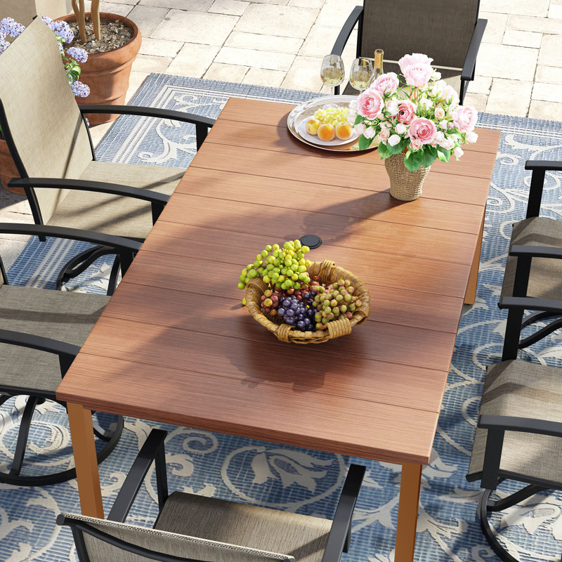 6-Person Rectangular Patio Dining Set With 360° Swivel PVC-coated polyester Chairs, Brush Wood Brown/Brown