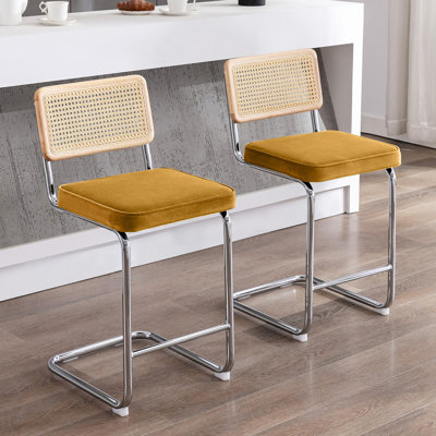 Crumley Upholstered 25.6" Velvet Counter Stool with Rattan Cane Back and Metal Frame