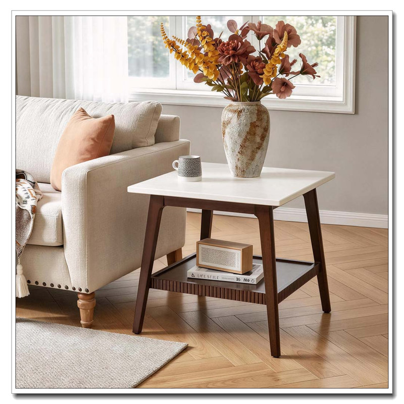 Solid Wood Top End Table, Walnut & White