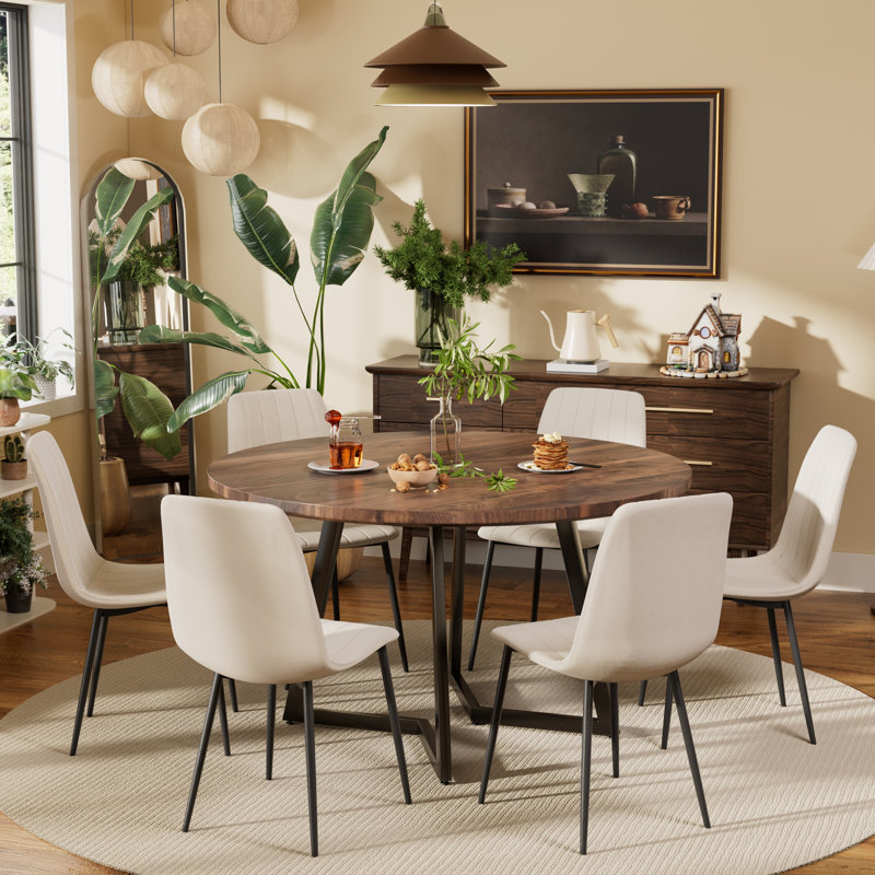 Ensemble de table de salle à manger ronde avec chaises en tissu d'ameublement en velours, 7, Noyer, Beige