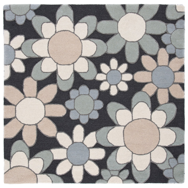 Tapis crème / ivoire / gris en laine touffeté à la main Asel, Carré 5 pi
