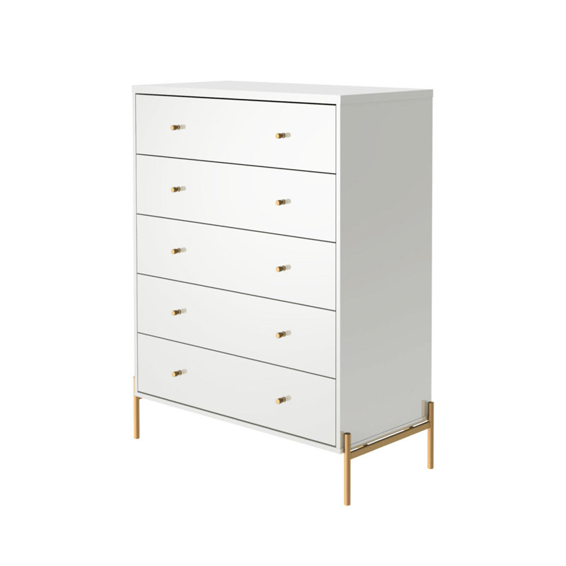 Commode 5 tiroirs Gine, Blanc brillant