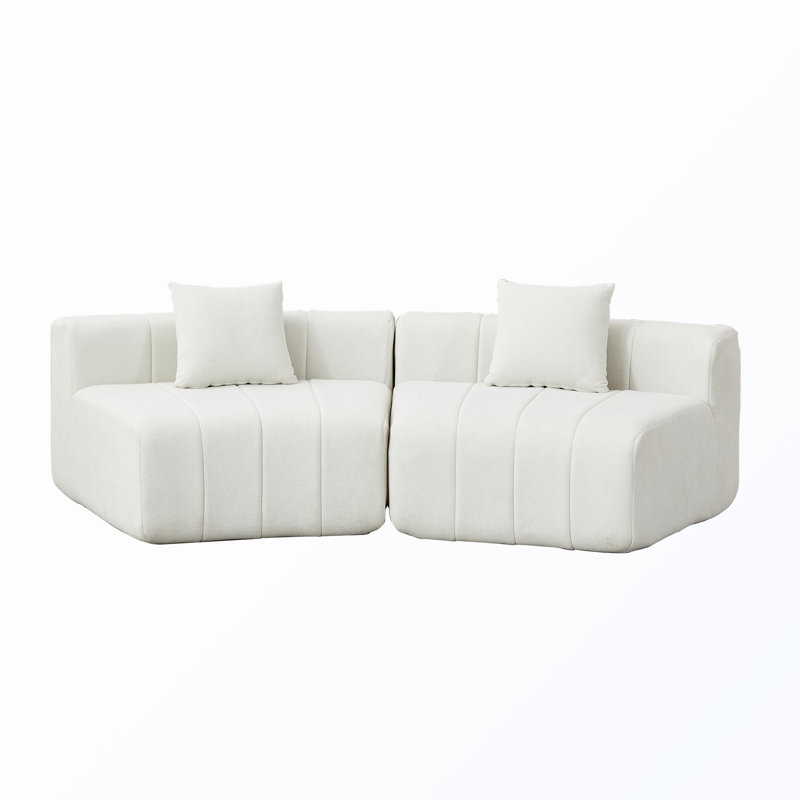 Curved Sectional Sofa With 2 Pillows, Beige Chenille