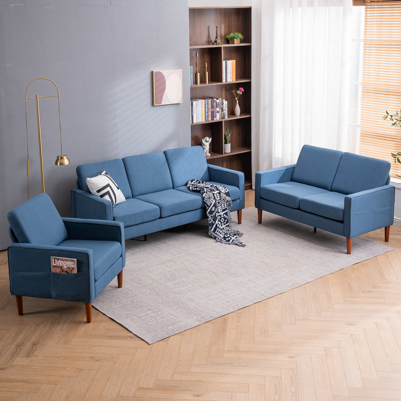 Ensemble de salon 3 pièces Durmo, 100 % lin bleu