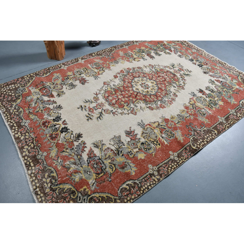 Grand tapis turc rétro tissé à la main, parfait pour rafraîchir le décor de votre salon - rouge / beige