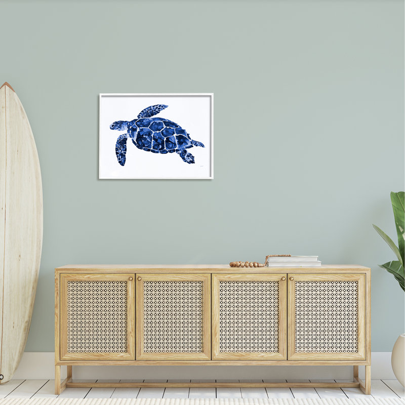 " Blue Speckled Sea Turtle ", 24" H x 30" W x 1.5" D, Coastal White Framed Giclee