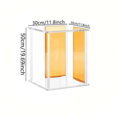 11.8" Square Clear Acrylic Side Table with Amber Panels, Modern Nightstand