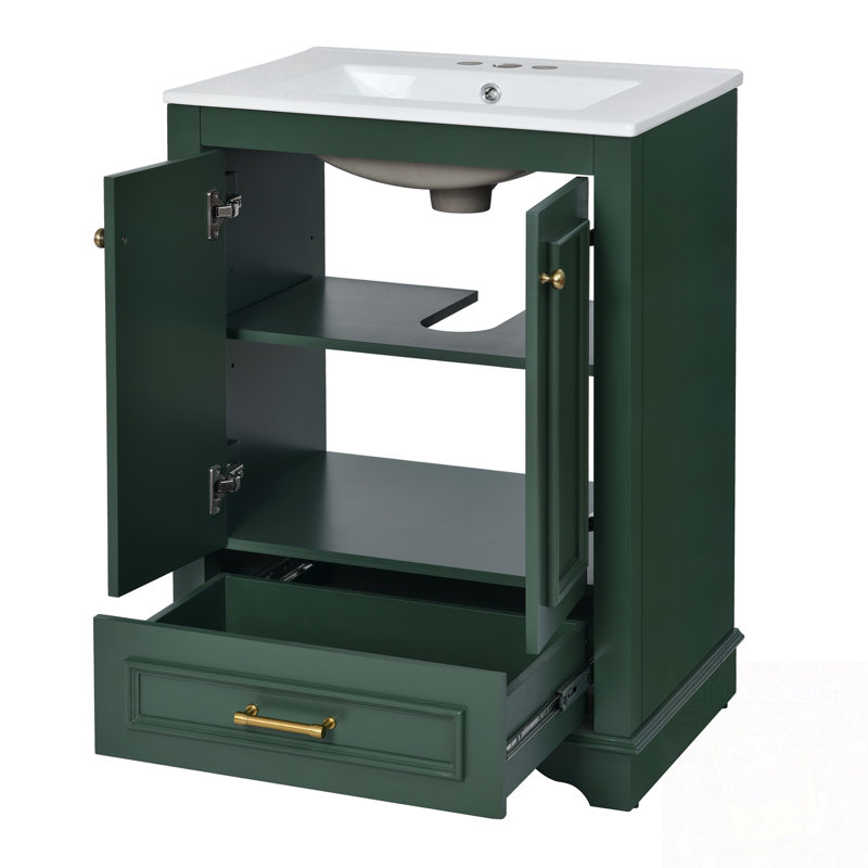 Meuble-lavabo de salle de bain avec lavabo, poignées en métal et portes à fermeture douce, Vert