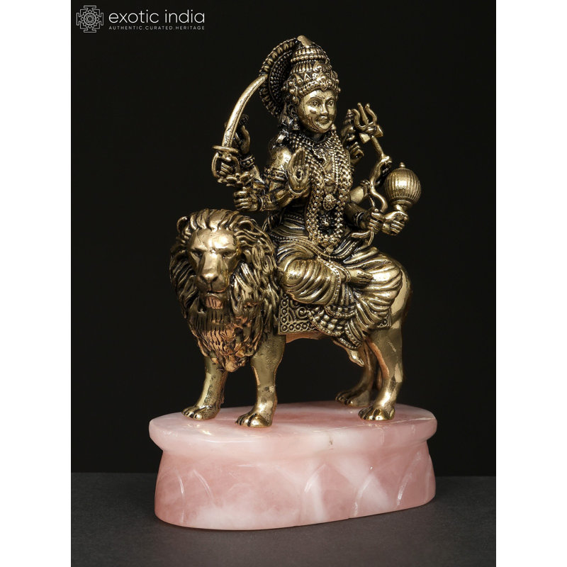 4 Inch Small Goddess Durga with Rose Quartz Gemstone Base