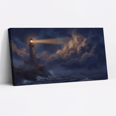 Art sur toile, "Phare sur une côte rocheuse avec faisceau lumineux"