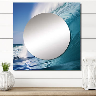 Braxtan - Turquoise Power Of Ocean Wave III Coastal Square Mirror Wall Art For Bathroom